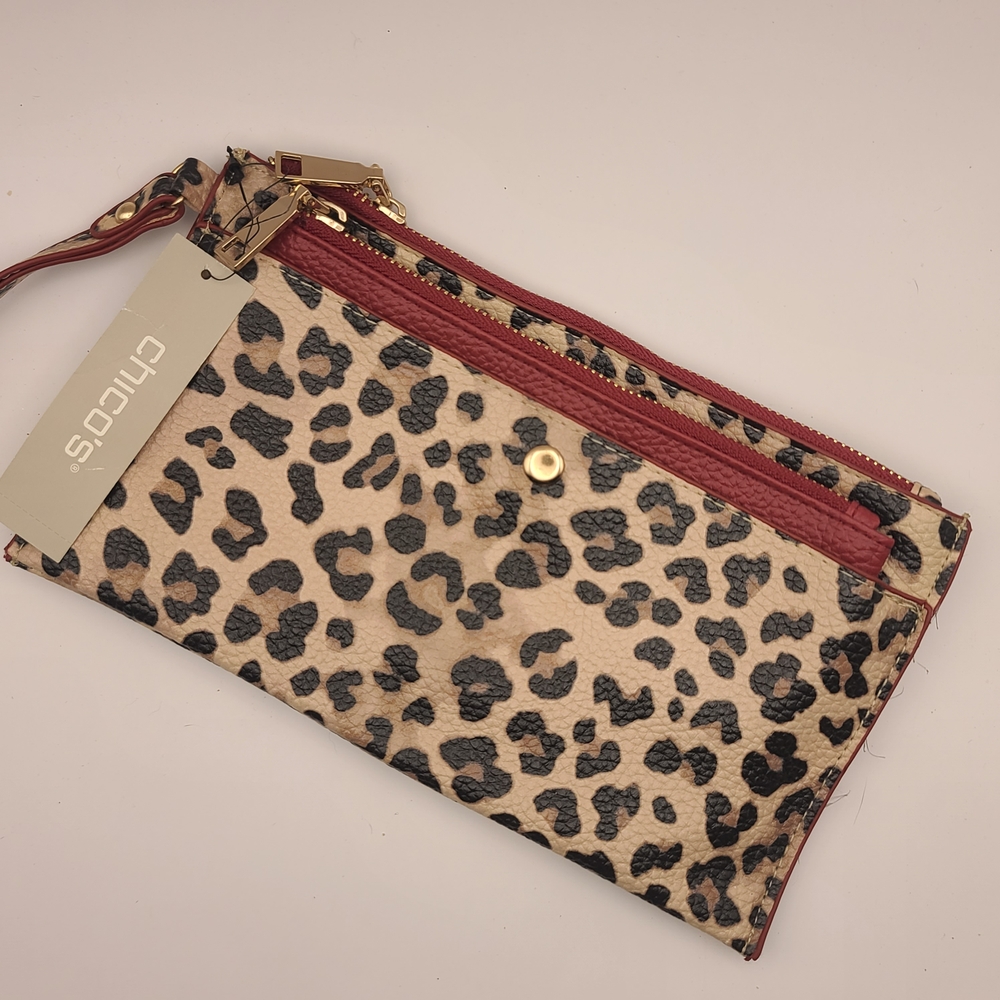 Chico's Animal Leopard Cheetah Print Wristlet  Red Highlight